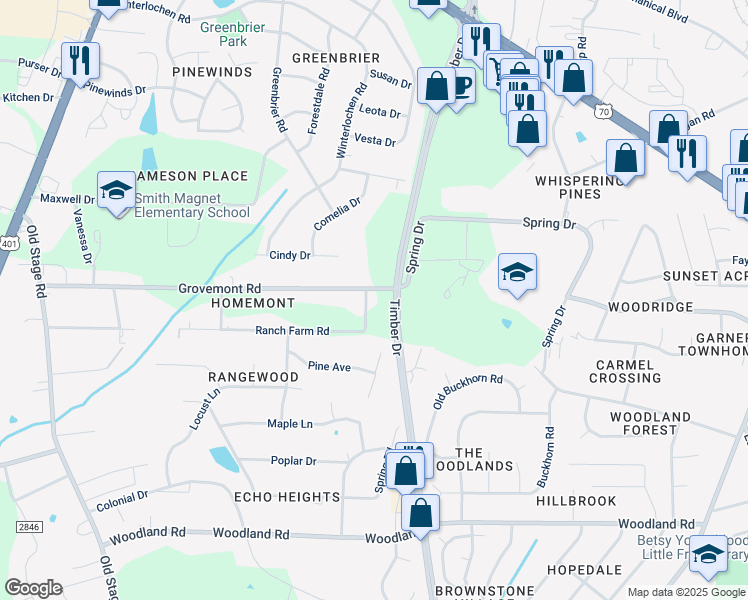 map of restaurants, bars, coffee shops, grocery stores, and more near 5105 Old Valley Street in Raleigh