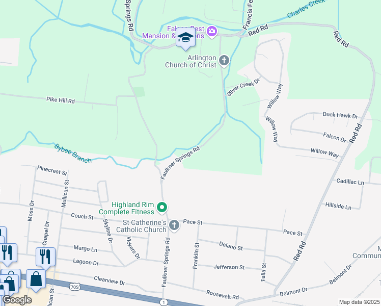 map of restaurants, bars, coffee shops, grocery stores, and more near Faulkner Springs Road in McMinnville