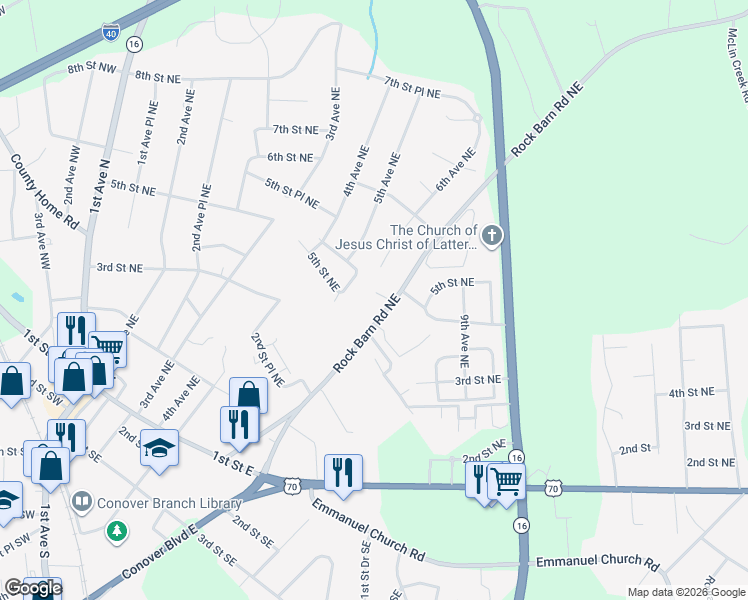 map of restaurants, bars, coffee shops, grocery stores, and more near 409 Rock Barn Road Northeast in Conover