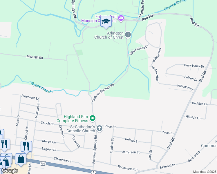 map of restaurants, bars, coffee shops, grocery stores, and more near Faulkner Springs Road in McMinnville
