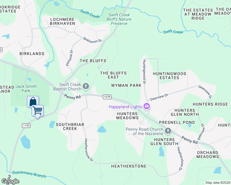 map of restaurants, bars, coffee shops, grocery stores, and more near 2524 Hunters Meadow Lane in Raleigh