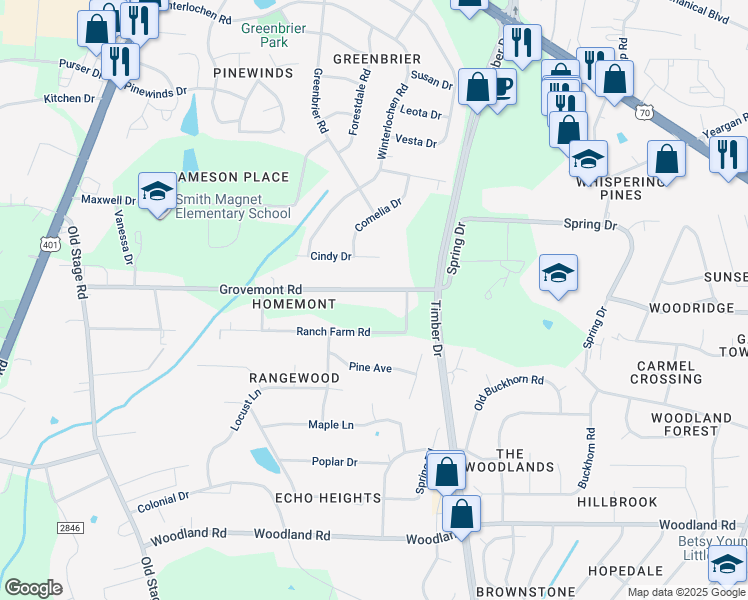 map of restaurants, bars, coffee shops, grocery stores, and more near 313 Grovemont Road in Raleigh