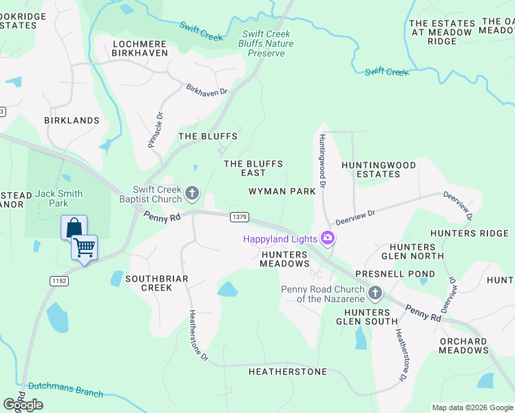 map of restaurants, bars, coffee shops, grocery stores, and more near 2524 Hunters Meadow Lane in Raleigh