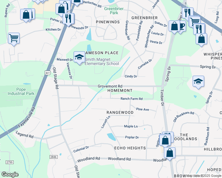map of restaurants, bars, coffee shops, grocery stores, and more near 5107 Overhill Street in Raleigh
