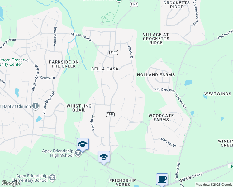 map of restaurants, bars, coffee shops, grocery stores, and more near 2501 Vetta Cove in Apex