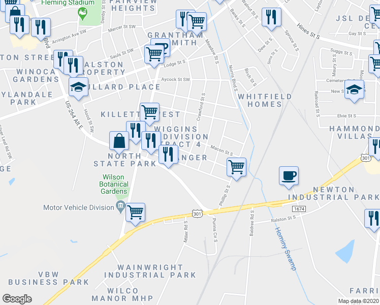 map of restaurants, bars, coffee shops, grocery stores, and more near 1298 Crawford Street South in Wilson