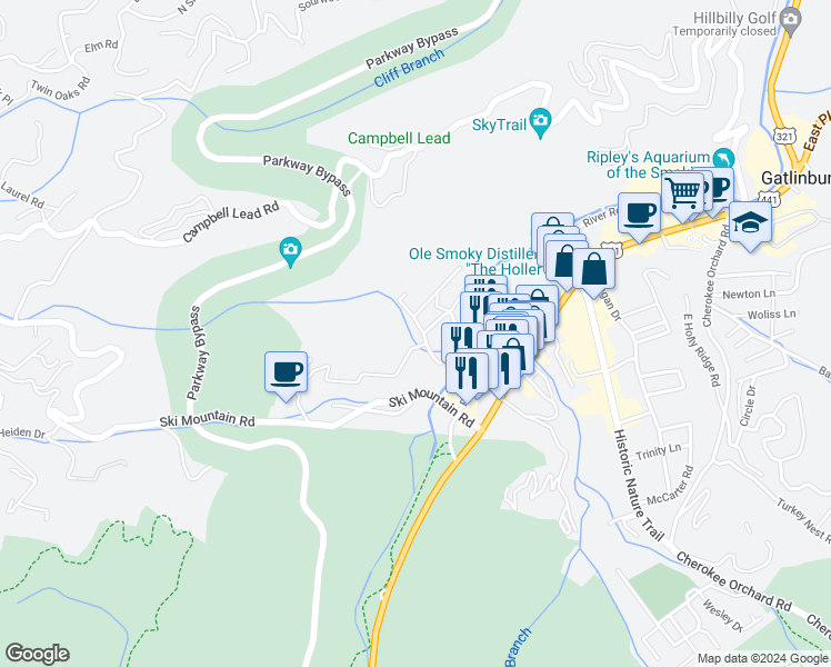 map of restaurants, bars, coffee shops, grocery stores, and more near 409 Long Branch Road in Gatlinburg