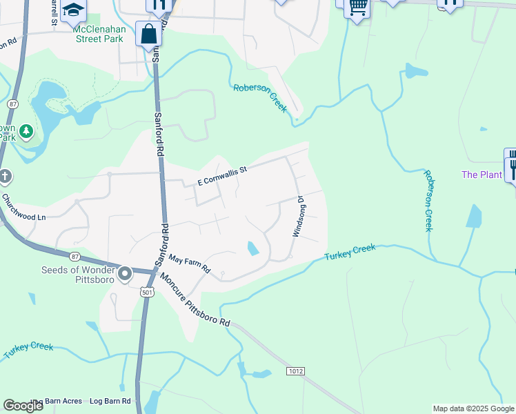 map of restaurants, bars, coffee shops, grocery stores, and more near 191 Bridle Path in Pittsboro