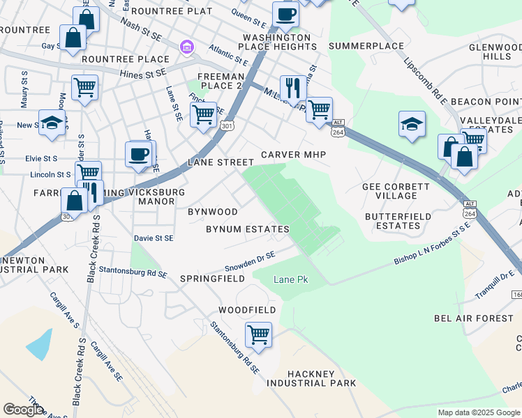 map of restaurants, bars, coffee shops, grocery stores, and more near 1708 Bishop L N Forbes Street South East in Wilson