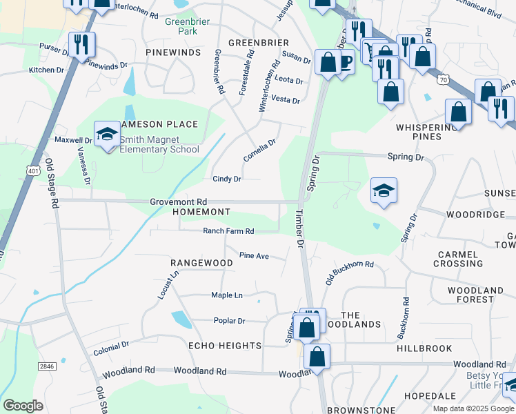 map of restaurants, bars, coffee shops, grocery stores, and more near 313 Grovemont Road in Raleigh
