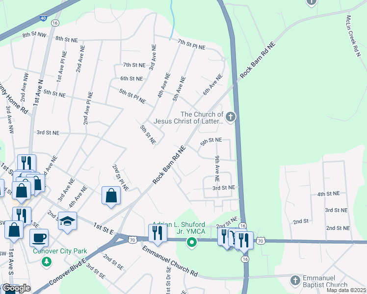 map of restaurants, bars, coffee shops, grocery stores, and more near 430 Rock Barn Road Northeast in Conover