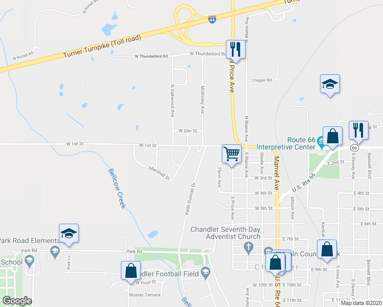map of restaurants, bars, coffee shops, grocery stores, and more near 601 West 1st Street in Chandler