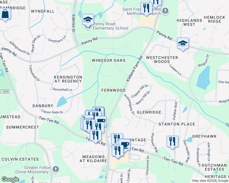 map of restaurants, bars, coffee shops, grocery stores, and more near 100 Forest Edge Drive in Cary