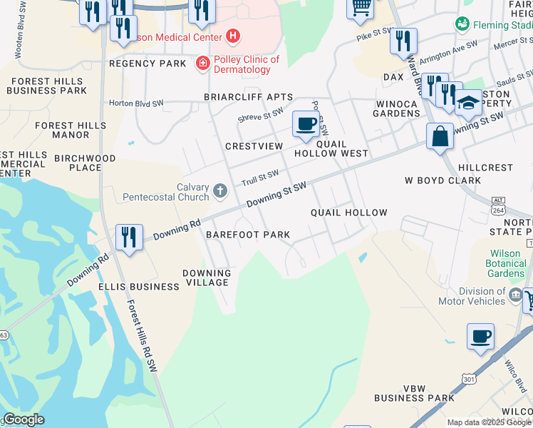 map of restaurants, bars, coffee shops, grocery stores, and more near 2125 Glendale Drive Southwest in Wilson
