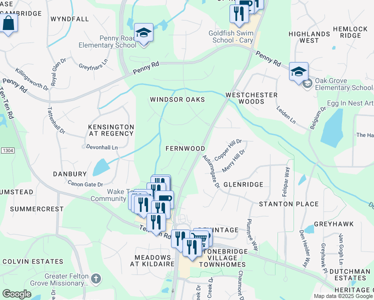 map of restaurants, bars, coffee shops, grocery stores, and more near 100 Forest Edge Drive in Cary