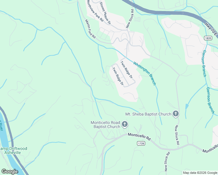 map of restaurants, bars, coffee shops, grocery stores, and more near 57 Twin Ridge Drive in Weaverville