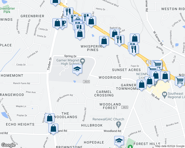 map of restaurants, bars, coffee shops, grocery stores, and more near 626 Forest Ridge Road in Garner