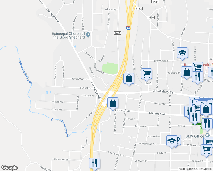 map of restaurants, bars, coffee shops, grocery stores, and more near 769 Lexington Commons Drive in Asheboro
