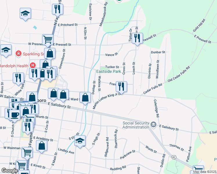 map of restaurants, bars, coffee shops, grocery stores, and more near 705 Martin Luther King Junior Drive in Asheboro
