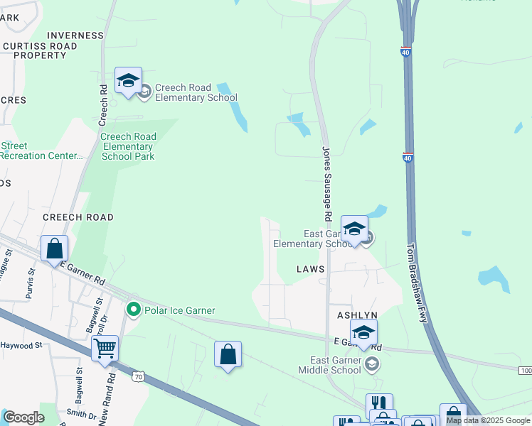 map of restaurants, bars, coffee shops, grocery stores, and more near 5444 Jones Sausage Road in Garner