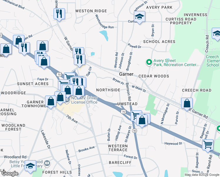 map of restaurants, bars, coffee shops, grocery stores, and more near 117 Dullis Circle in Garner