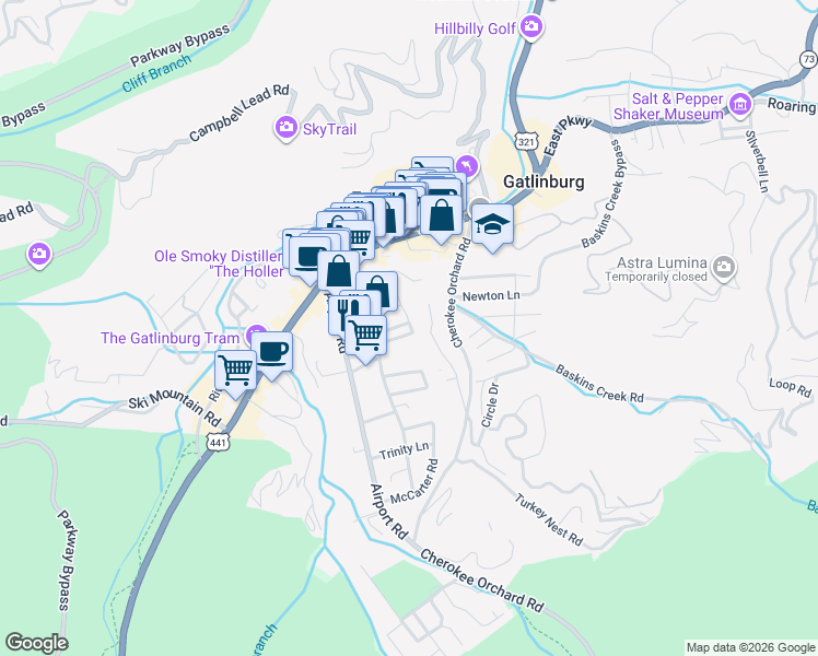 map of restaurants, bars, coffee shops, grocery stores, and more near 425 Stuart Lane in Gatlinburg