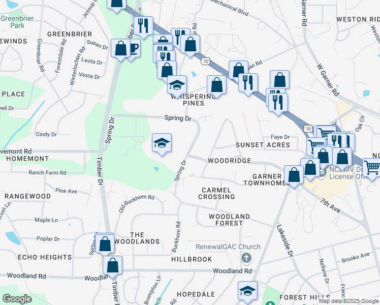 map of restaurants, bars, coffee shops, grocery stores, and more near 1906 Spring Drive in Garner