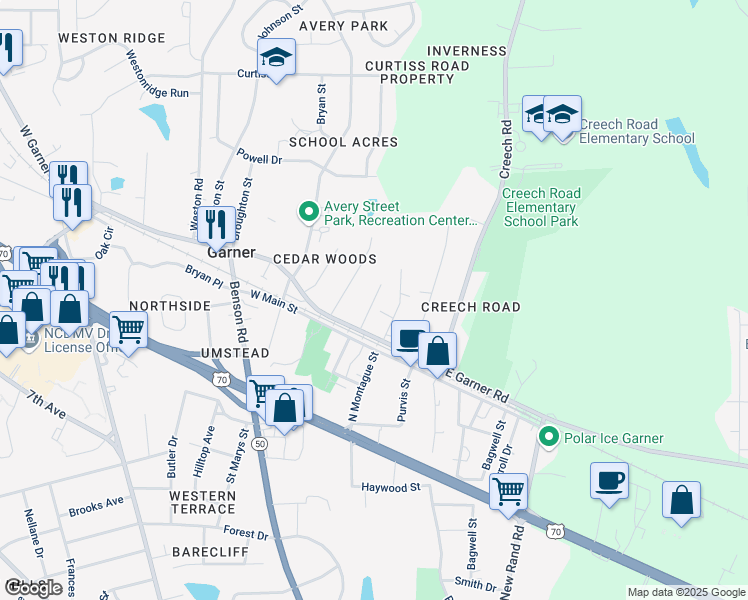 map of restaurants, bars, coffee shops, grocery stores, and more near Cofield Alley in Garner