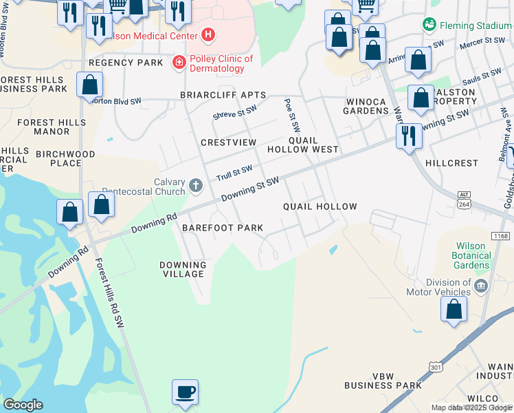 map of restaurants, bars, coffee shops, grocery stores, and more near 2124 Smallwood Street Southwest in Wilson
