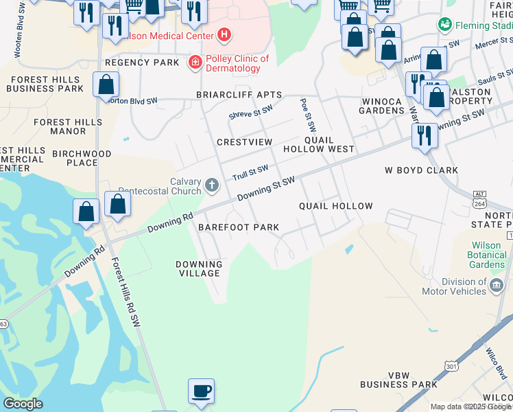 map of restaurants, bars, coffee shops, grocery stores, and more near 2125 Glendale Drive Southwest in Wilson
