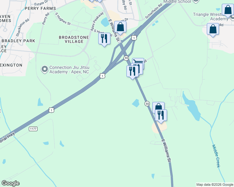 map of restaurants, bars, coffee shops, grocery stores, and more near 1528 East Williams Street in Apex