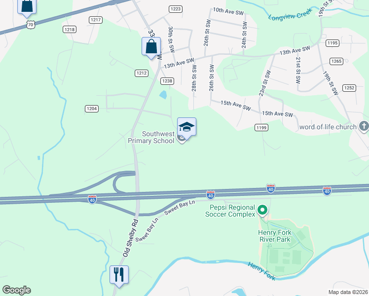 map of restaurants, bars, coffee shops, grocery stores, and more near 1580 32nd Street Southwest in Hickory