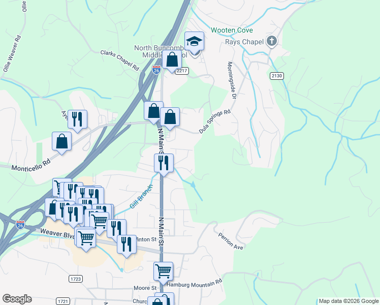 map of restaurants, bars, coffee shops, grocery stores, and more near 24 Critter Trail in Weaverville