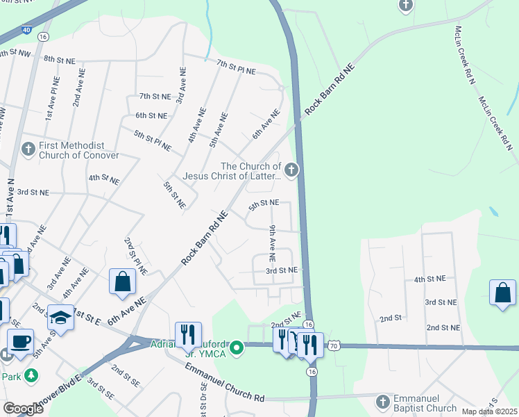 map of restaurants, bars, coffee shops, grocery stores, and more near 814 5th Street Northeast in Conover