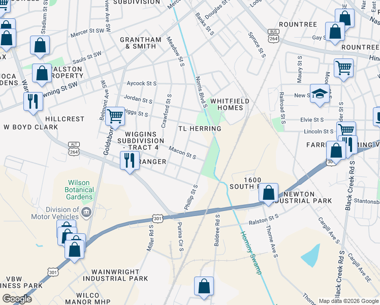 map of restaurants, bars, coffee shops, grocery stores, and more near 512 Randolph Street South in Wilson