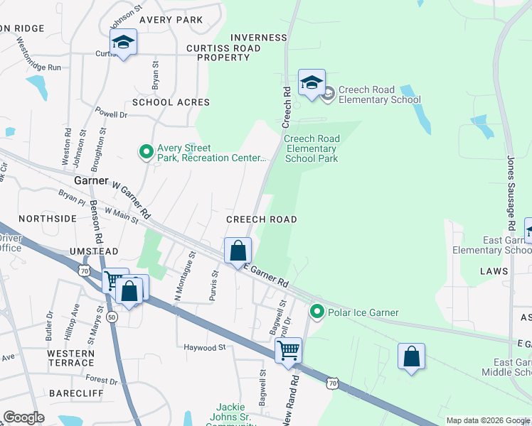 map of restaurants, bars, coffee shops, grocery stores, and more near 221 East Garner Road in Garner