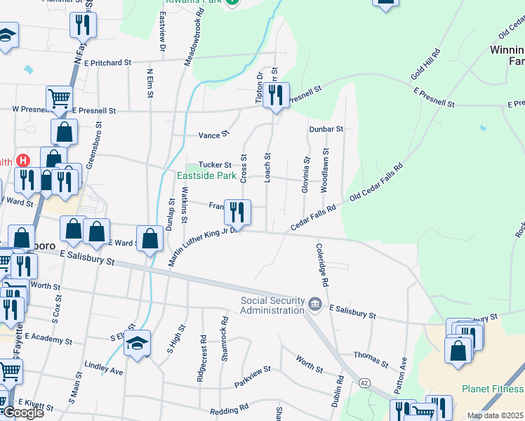 map of restaurants, bars, coffee shops, grocery stores, and more near 819 Martin Luther King Junior Drive in Asheboro