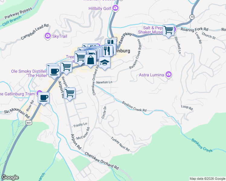 map of restaurants, bars, coffee shops, grocery stores, and more near 411 Baskins Creek Road in Gatlinburg