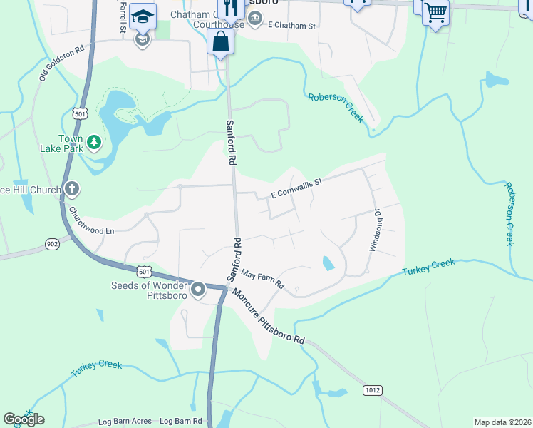 map of restaurants, bars, coffee shops, grocery stores, and more near 86 Eastwood Street in Pittsboro