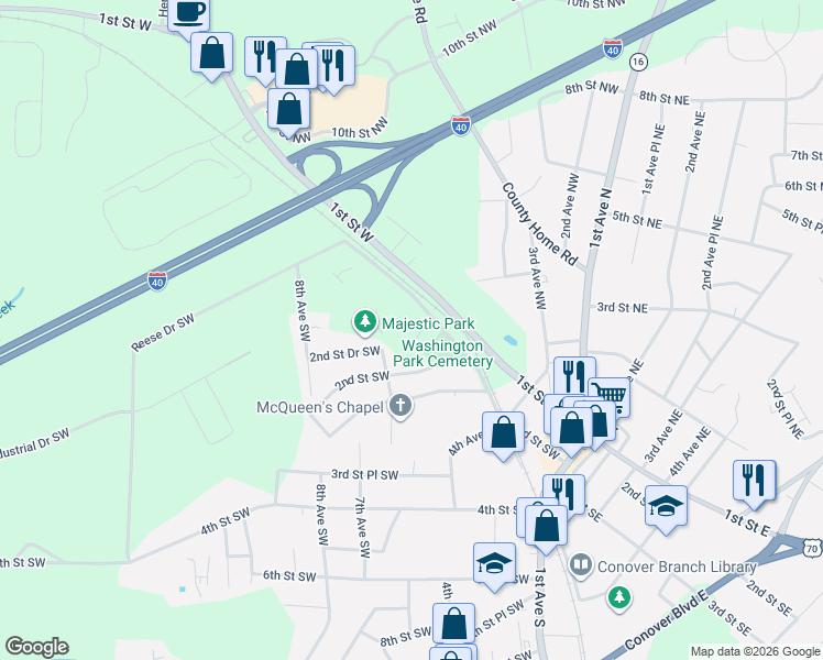 map of restaurants, bars, coffee shops, grocery stores, and more near 531 2nd Street Southwest in Conover