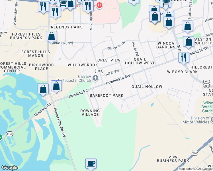 map of restaurants, bars, coffee shops, grocery stores, and more near 2105 Glendale Drive Southwest in Wilson