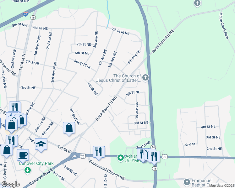 map of restaurants, bars, coffee shops, grocery stores, and more near 413 Rock Barn Road Northeast in Conover