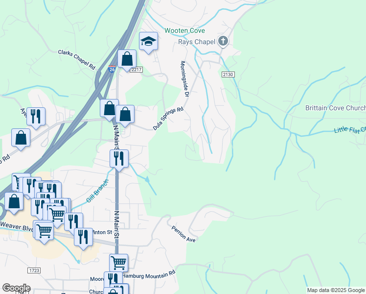 map of restaurants, bars, coffee shops, grocery stores, and more near 7 Leisure Lane in Weaverville