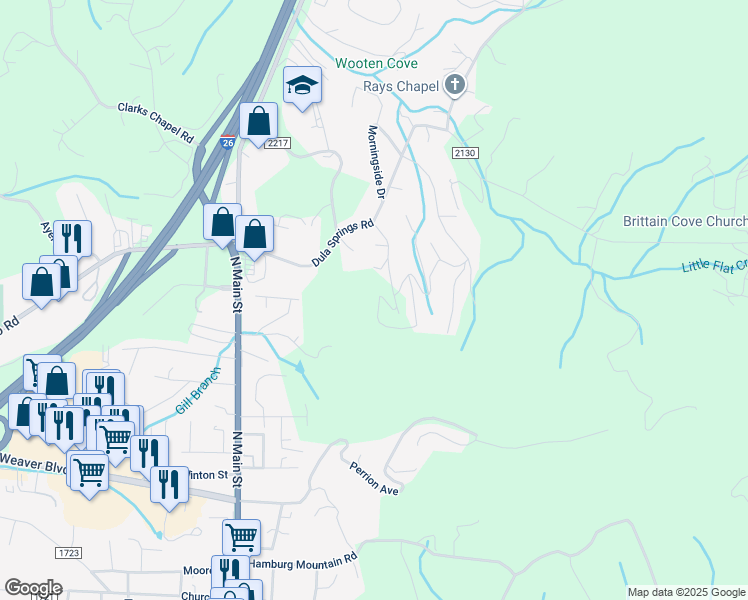 map of restaurants, bars, coffee shops, grocery stores, and more near 7 Leisure Lane in Weaverville