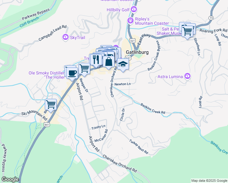 map of restaurants, bars, coffee shops, grocery stores, and more near 305 Baskins Creek Road in Gatlinburg