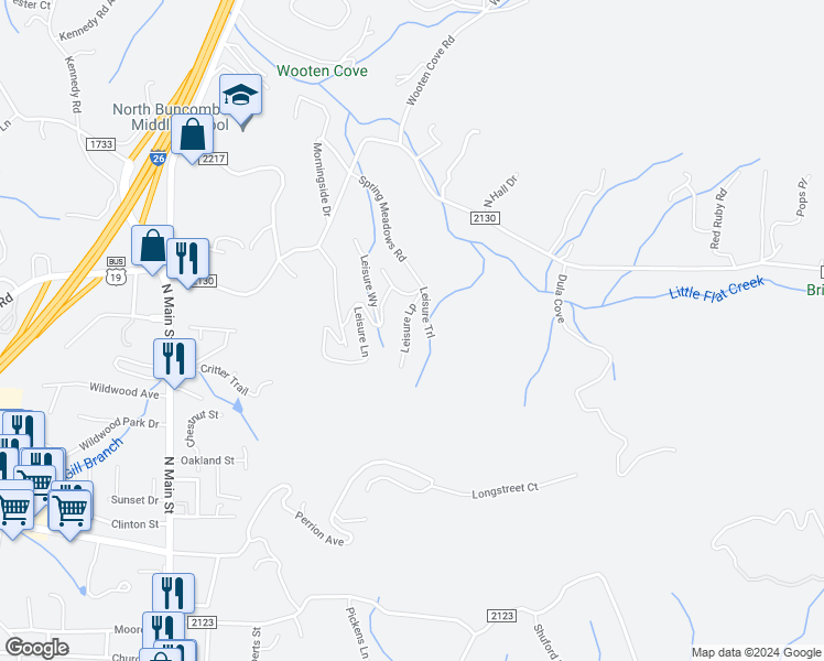 map of restaurants, bars, coffee shops, grocery stores, and more near 10 Leisure Loop in Weaverville