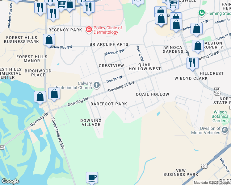 map of restaurants, bars, coffee shops, grocery stores, and more near 2514 Downing Street Southwest in Wilson