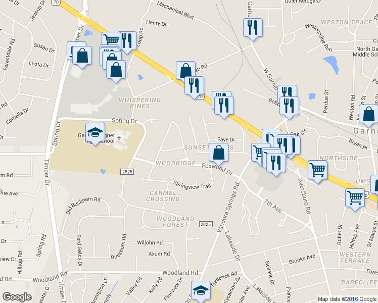 map of restaurants, bars, coffee shops, grocery stores, and more near 1602 Foxwood Drive in Garner