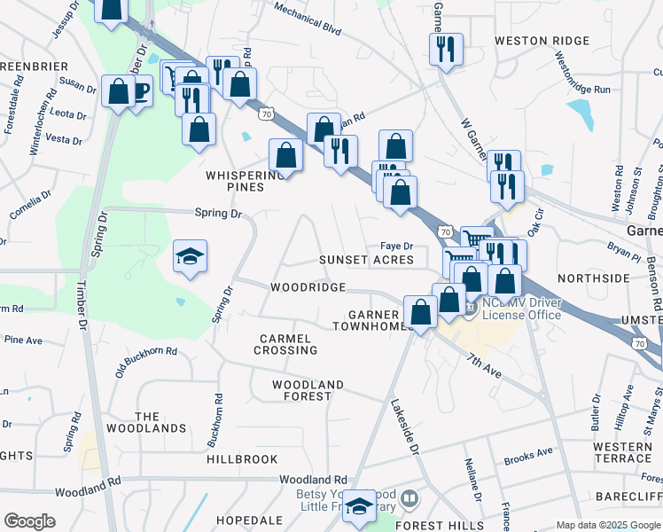 map of restaurants, bars, coffee shops, grocery stores, and more near 1602 Foxwood Drive in Garner