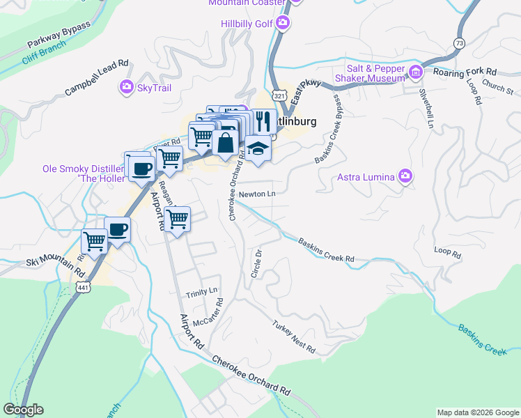 map of restaurants, bars, coffee shops, grocery stores, and more near 227 Newton Lane in Gatlinburg
